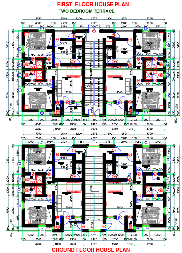 2 Bedroom Terrace House Plans Ground 1 Floor DWG CAD Design