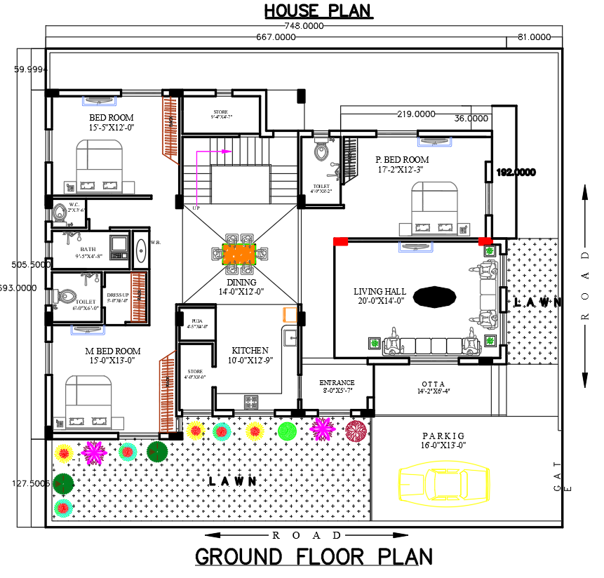 Ground Floor House Plan DWG Drawing Featuring Lawn & Parking