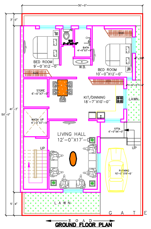 Modern Two Bedroom Home Design with Lawn and Parking CAD Plan