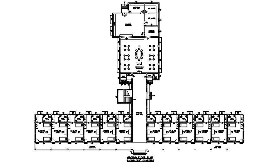 Ground floor plan of bachelors' quarters has given in the form of Autocad 2D DWG drawing file.  Download the Autocad DWG drawing file.  