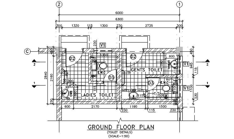  Ground floor plan of toilet details has given in this Autocad DWG drawing file. Download the Autocad DWG drawing file.  