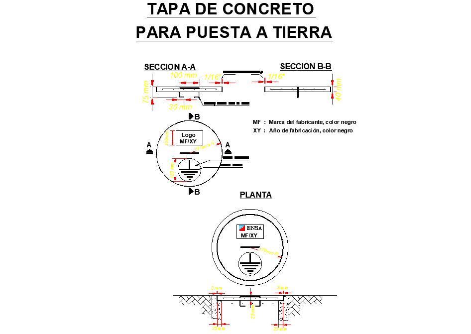 Grounding concrete cover detail dwg file