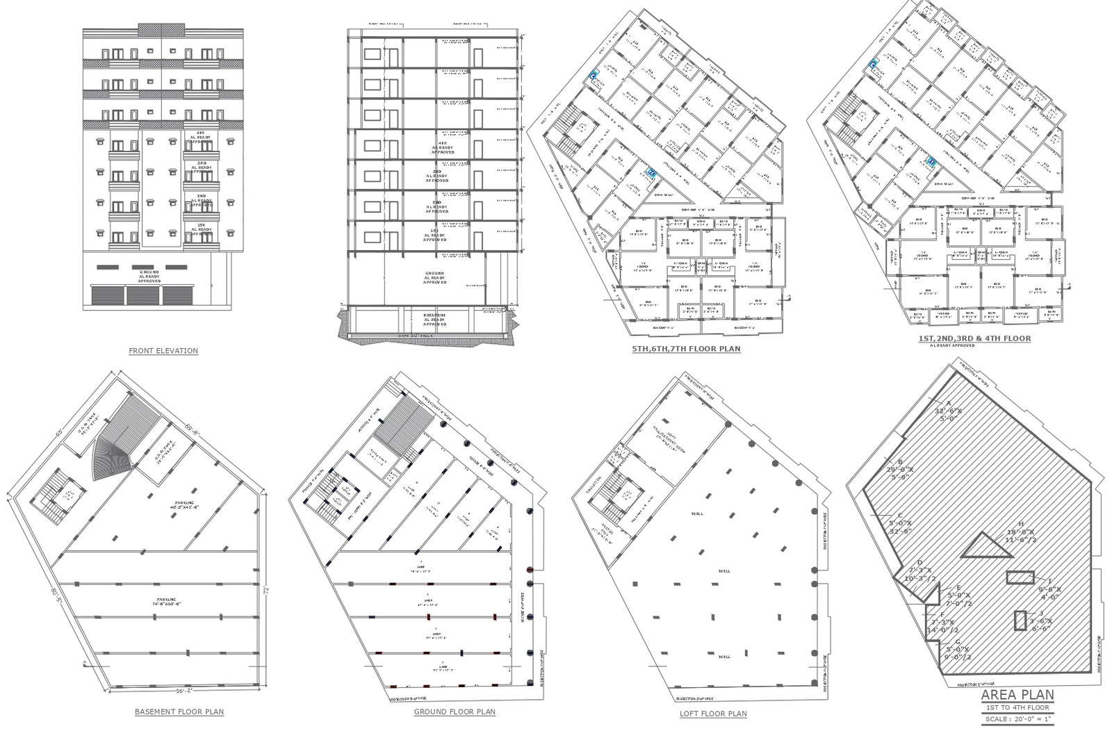 Ground plus 7 floor residential building design with detail dwg autocad drawing .