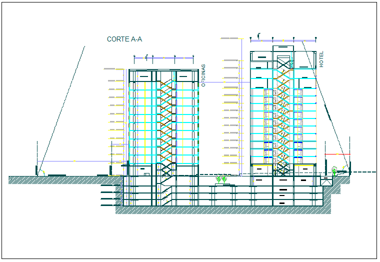 High rise building elevation section view detail dwg file