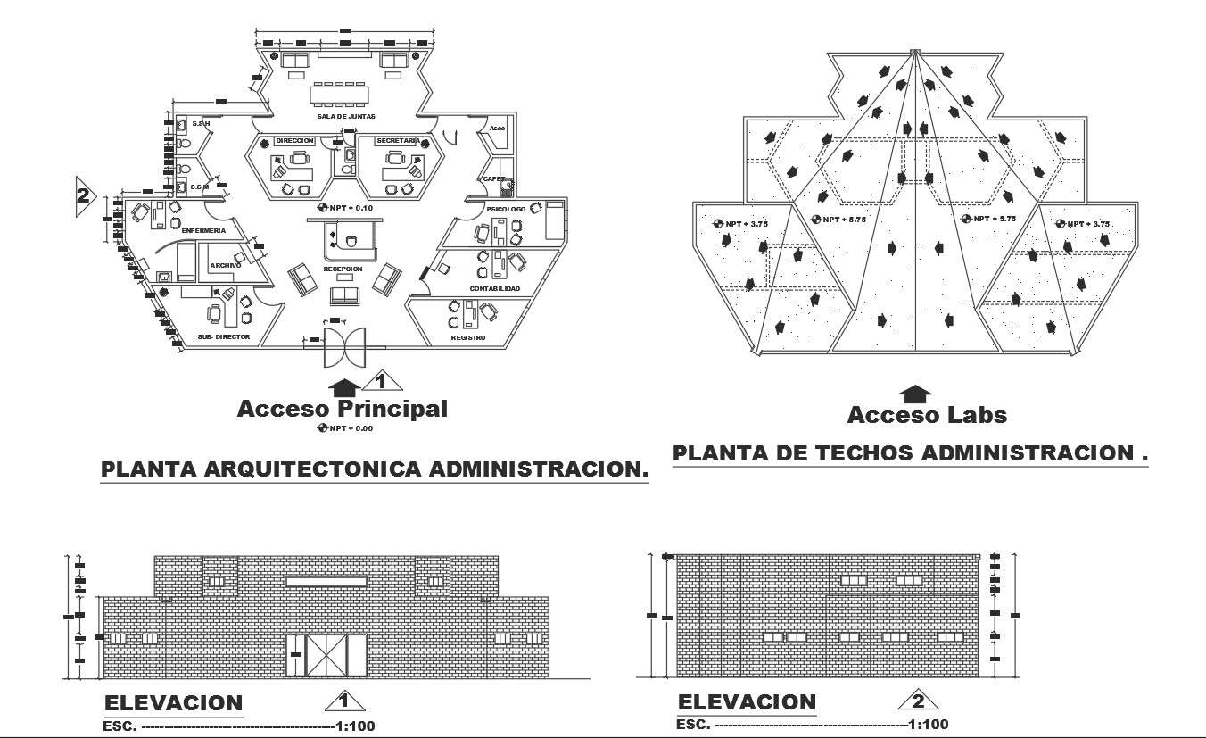 High school Plan and elevation detail dwg file