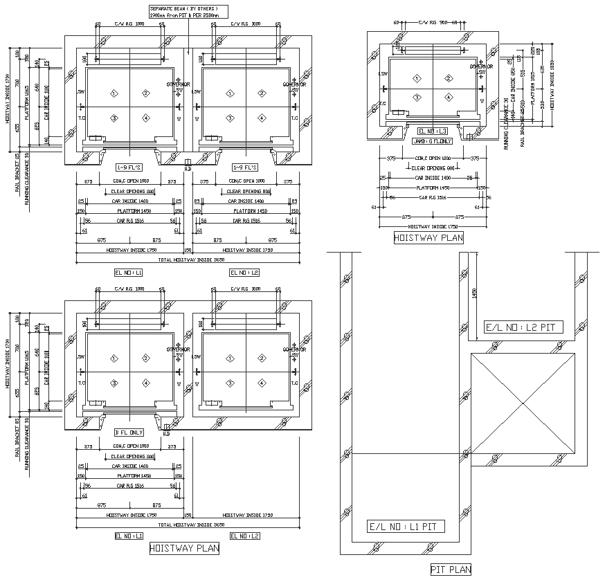 Hoistway plan with pit plan and beam details dwg autocad drawing .