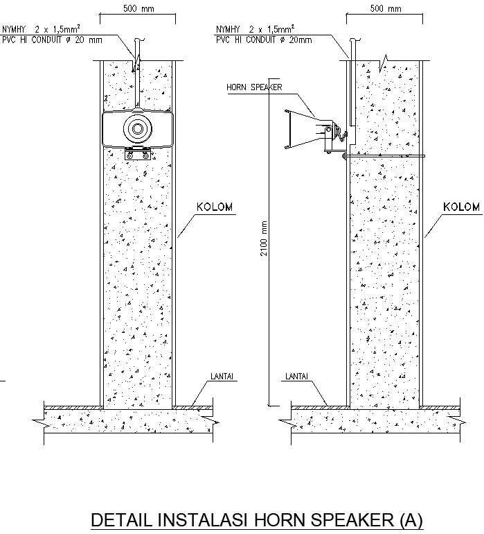 Horn speaker in wall installation details in AutoCAD, dwg file.