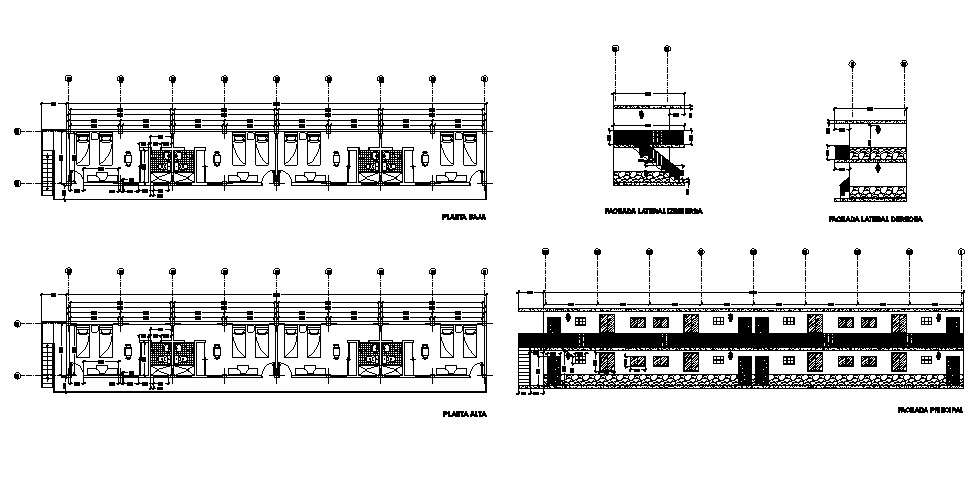 Hostel building main elevation, floor plan and auto-cad details dwg file