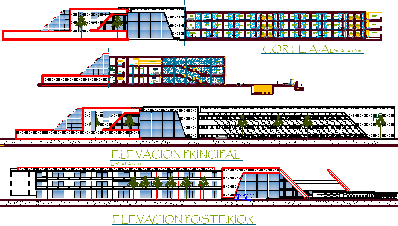 Hotel Section plan and Elevation Design 