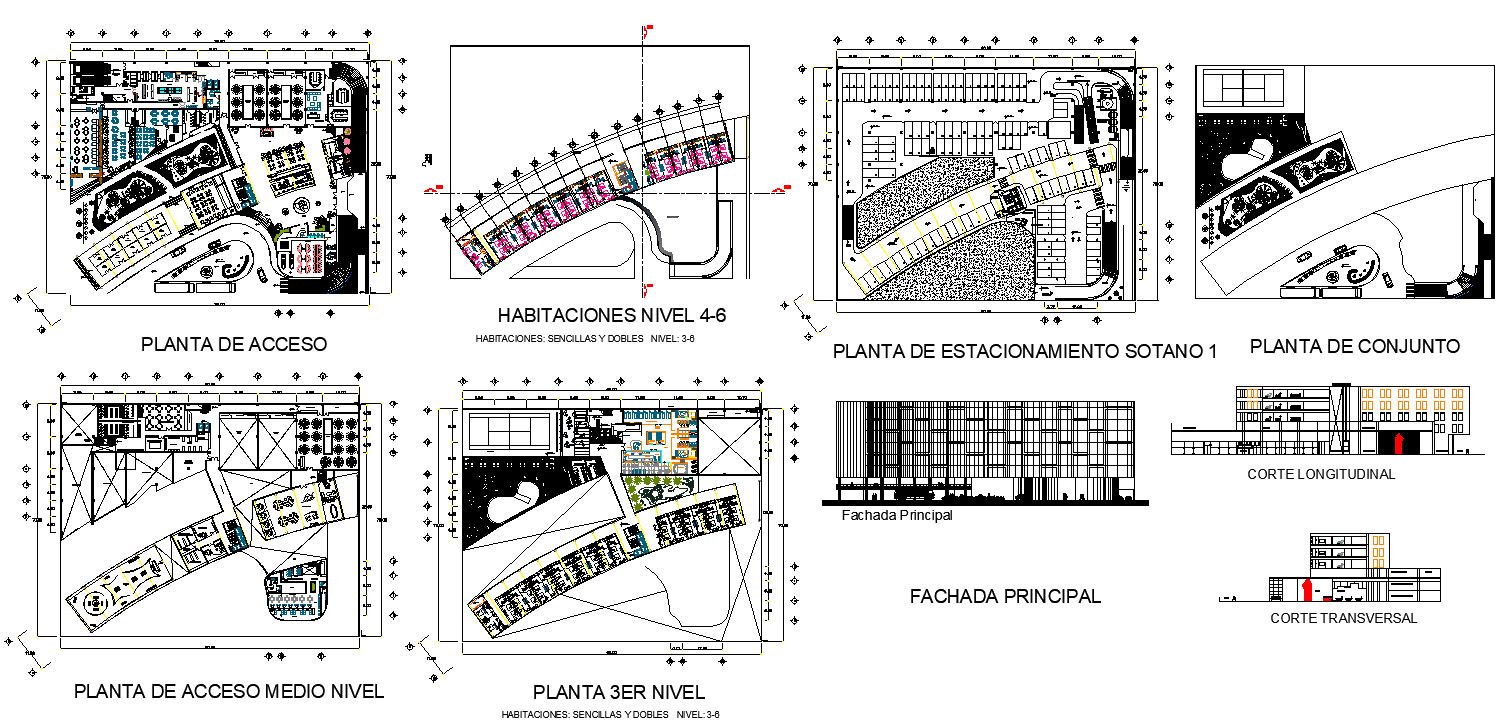 Hotel building elevation and plan 2d view CAD construction dwg file