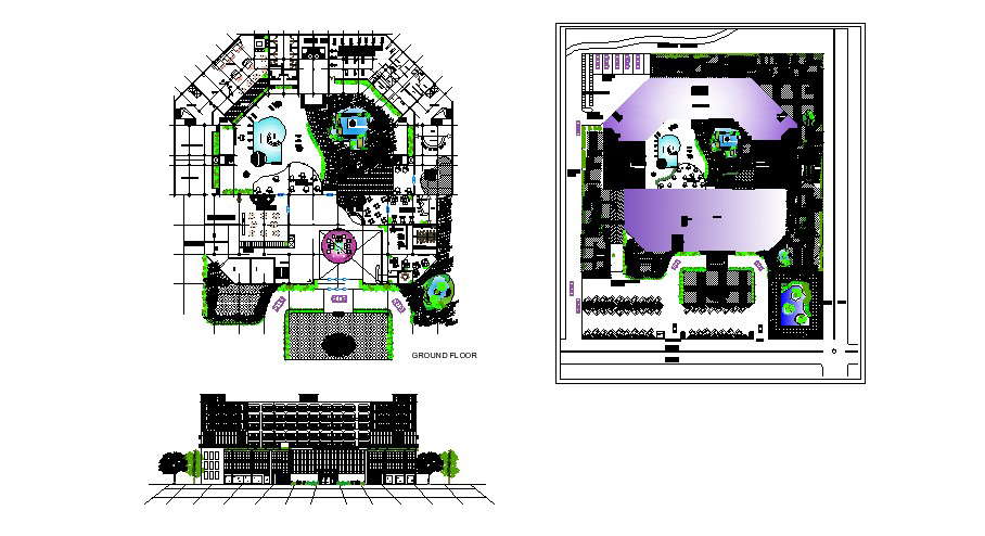 Hotel building plan with elevation in dwg file