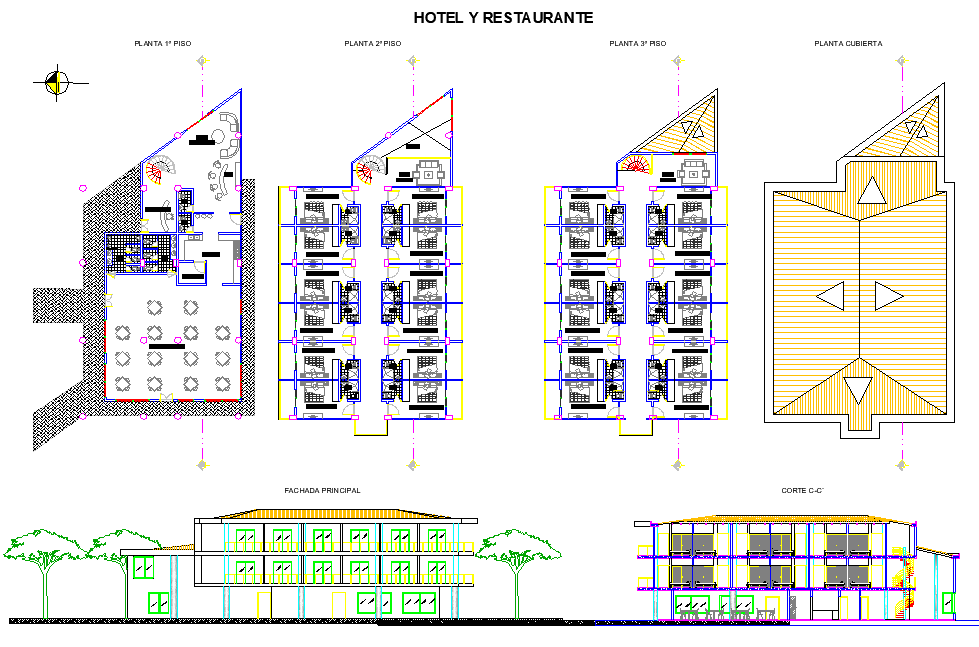 Hotel plan, elevation and section layout file