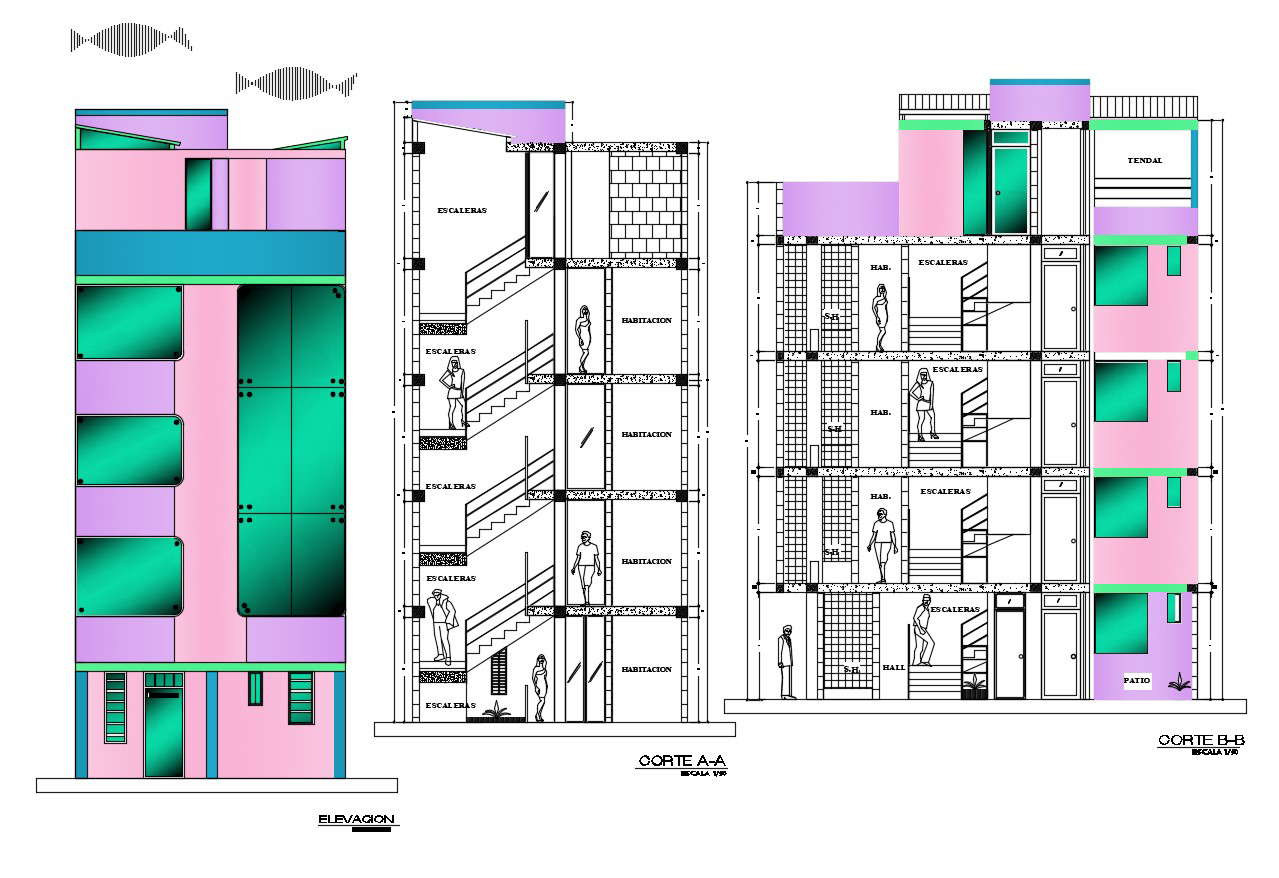 Hotel sectional elevation in dwg file