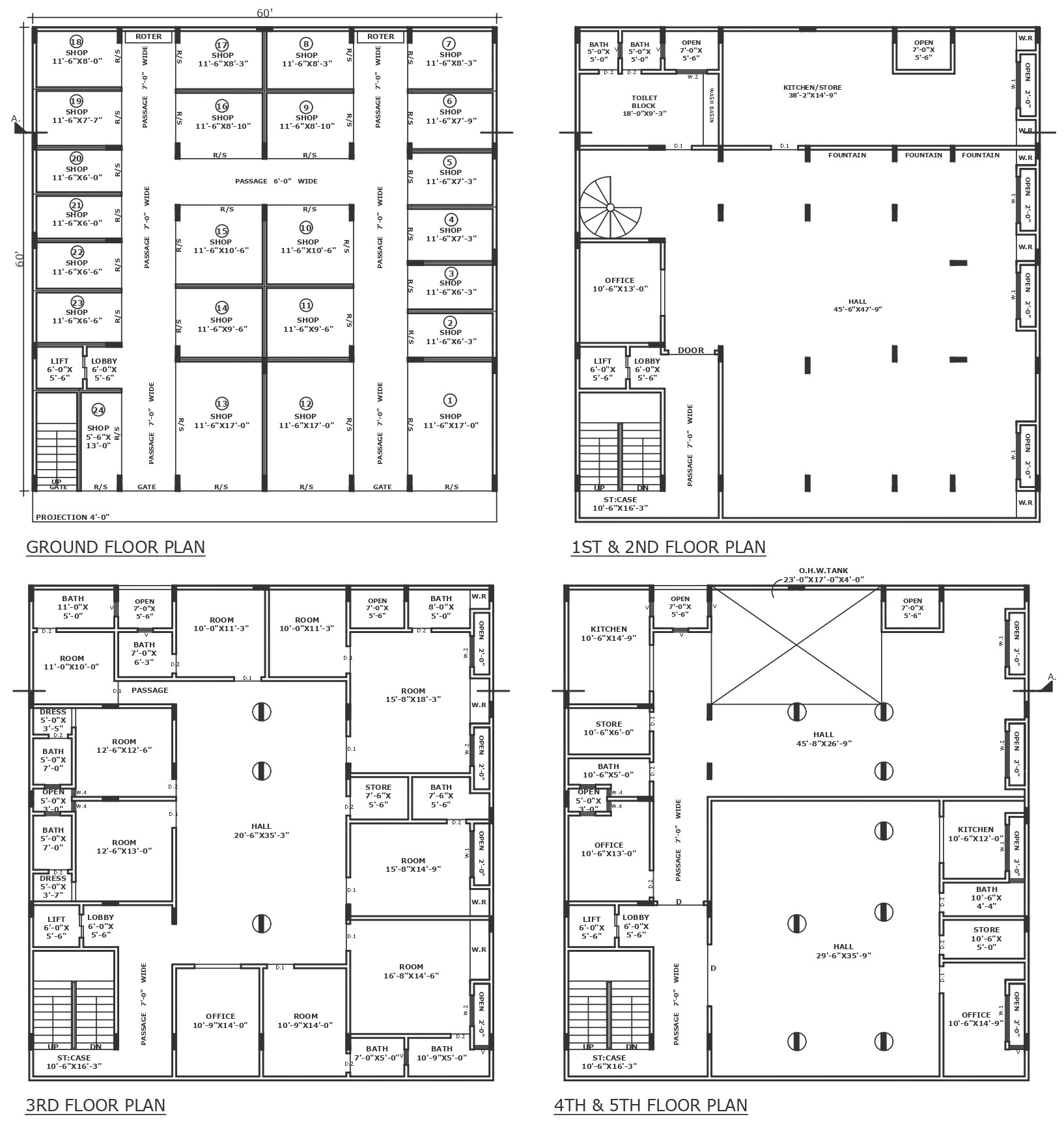 Hotel design with shops on ground floor all floor detailed plan DWG autoCAD drawing