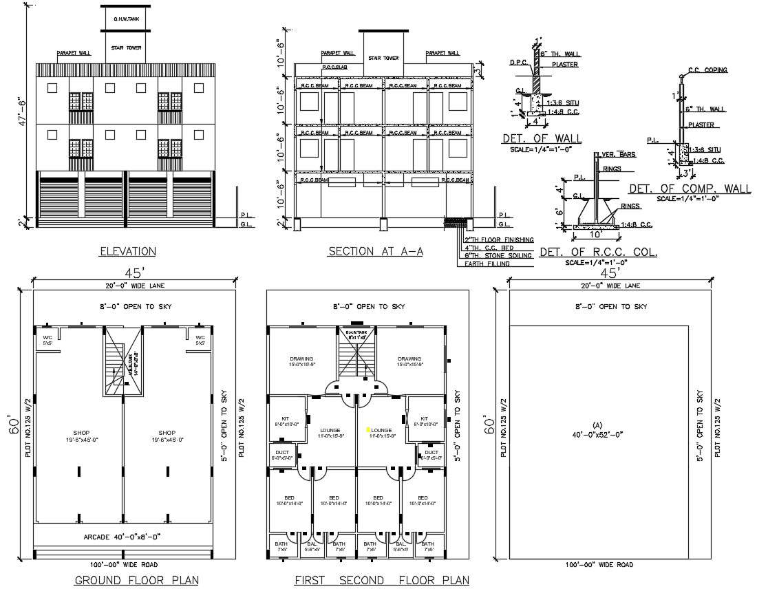 House  Plan with Elevation and Section Plan
