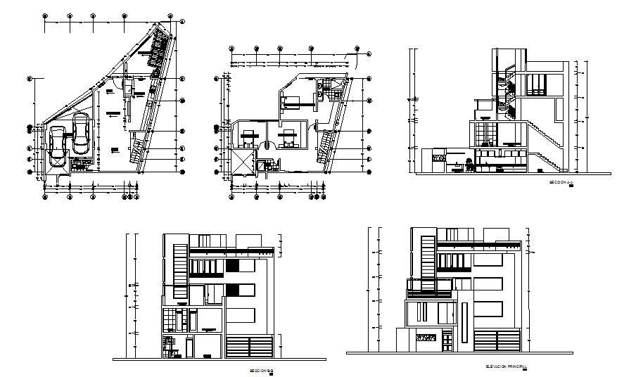 House design with elevation and section in autocad 