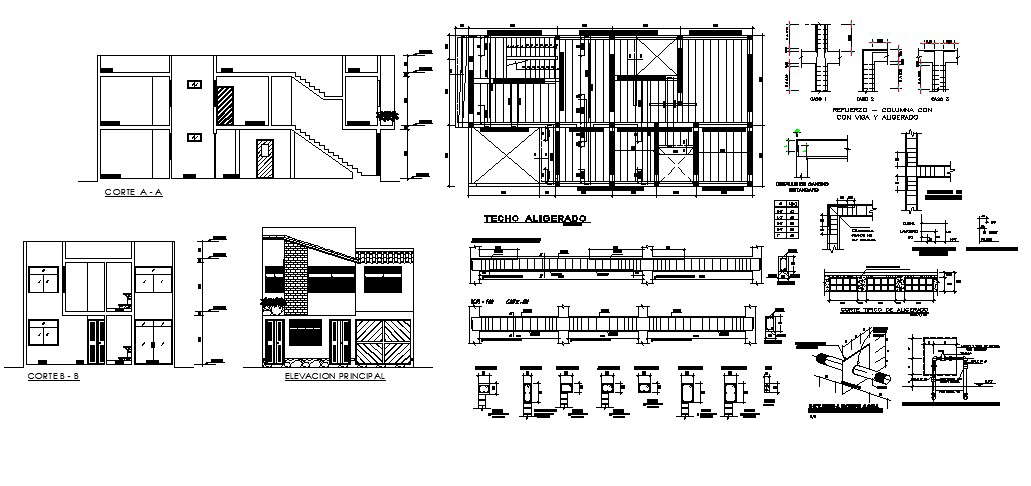 House plan 15.00mtr x 8.00mtr with section and elevation details in AutoCAD