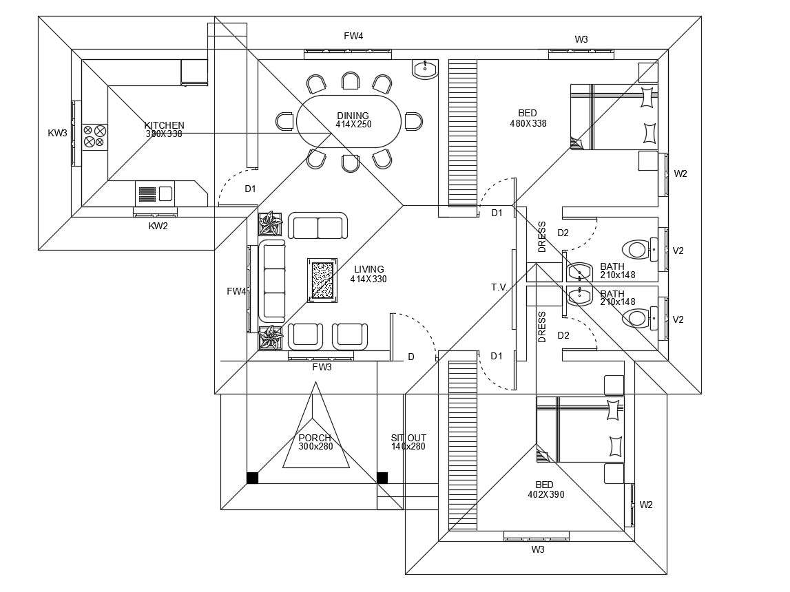 House plan with furniture details in AutoCAD
