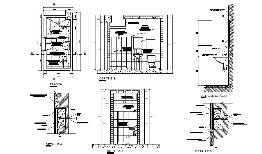 House sanitary section, plan and installation cad drawing details dwg file