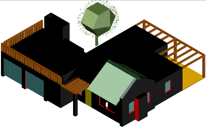 House with terrace in 3 D plan detail dwg file