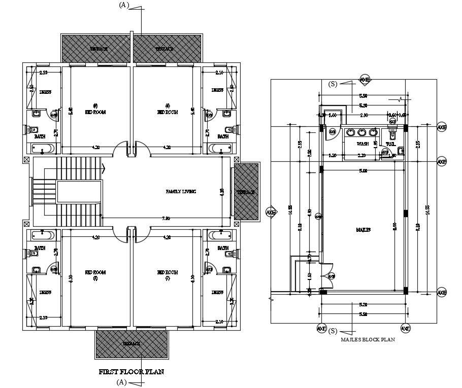 House Bedrooms Floor Plan AutoCAD Drawing Download DWG File 
