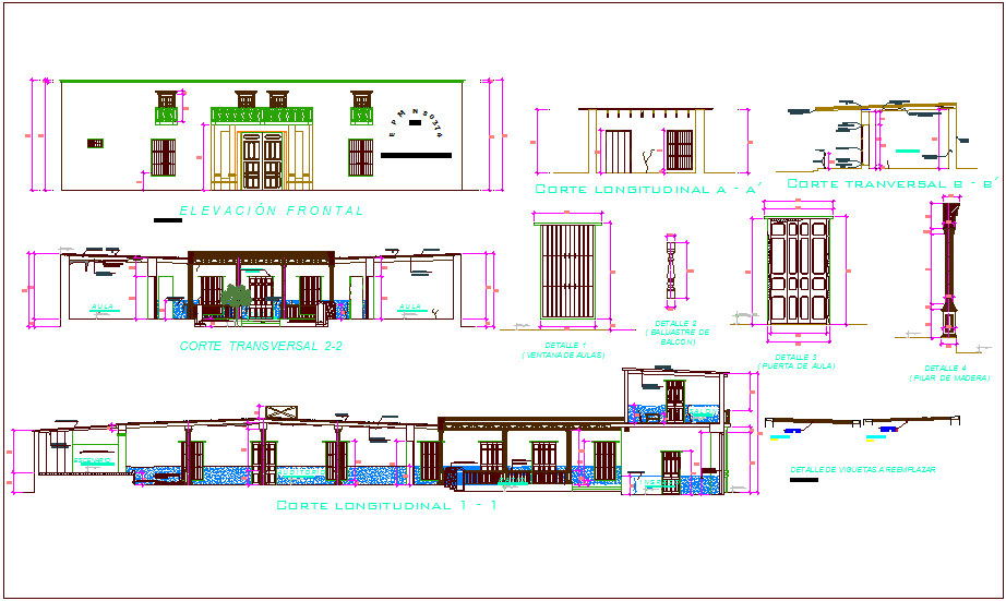 Iconic school elevation,different axis section and door and window detail view dwg file 