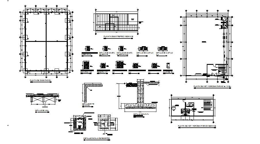 Industrial nave foundation plan and constructive structure details dwg file