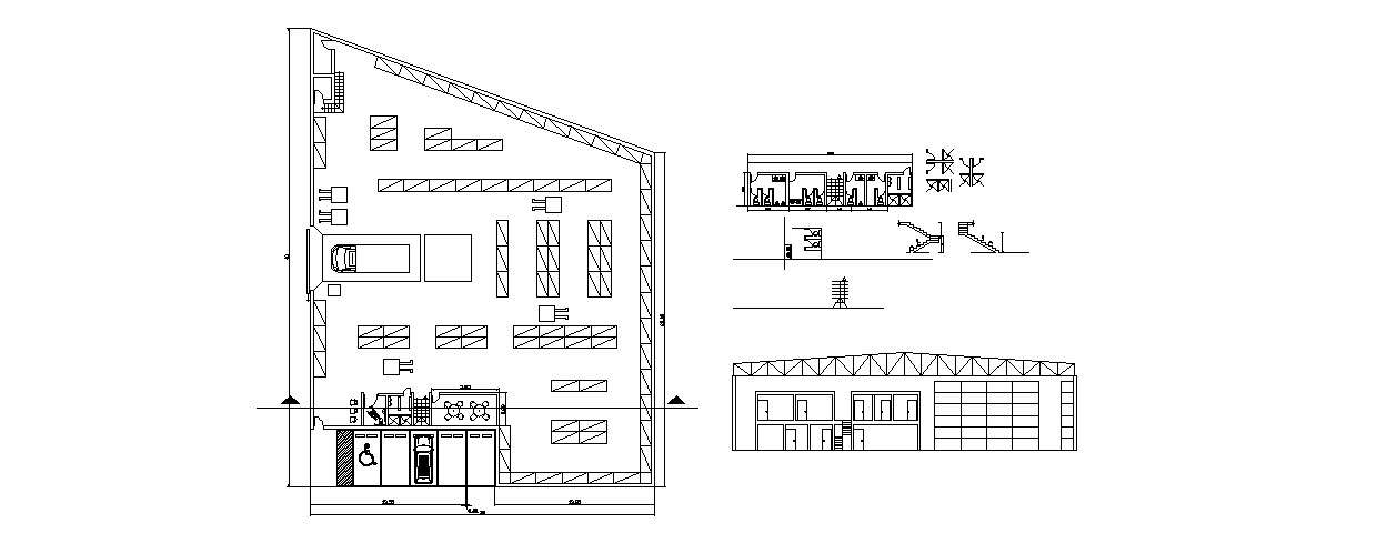 Industrial warehouse plan and sanitary installation for general and handicaps dwg file