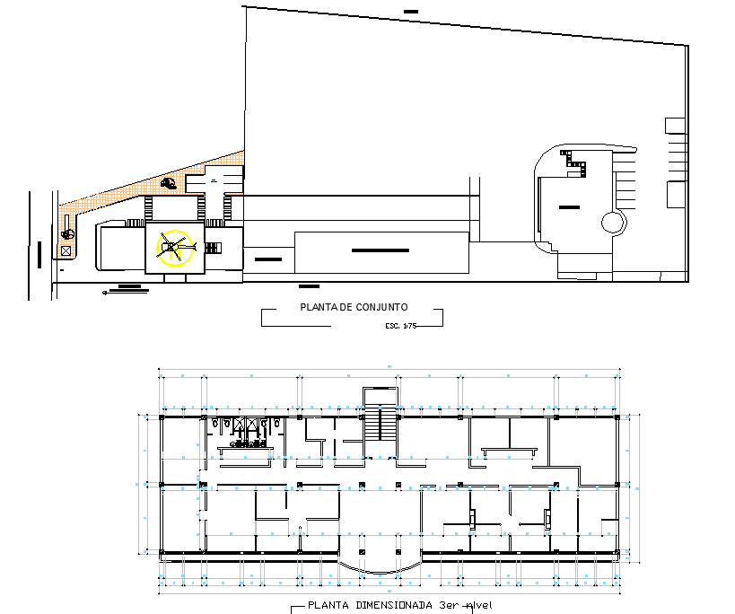 Institutional building with heliport plan detail dwg file