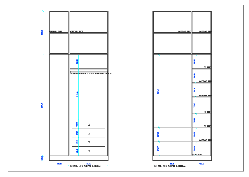 Interior elevation view of furniture cabinet  of bed room dwg file