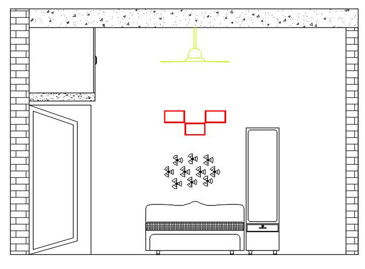 Interior view of room. sectional elevation of room showing interior view of bedroom. including detail of t.v cabinet and tv unit