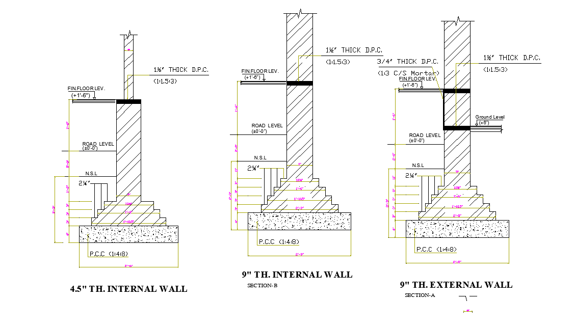 Internal and external wall of footing details are given in this 2D Autocad DWG drawing file.  Download the 2D Autocad drawing file.