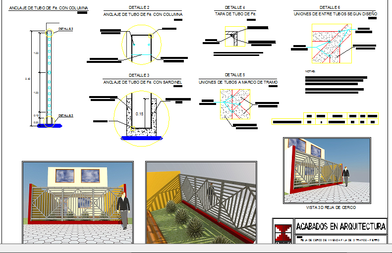 Iron fence installation details with front view of house dwg file
