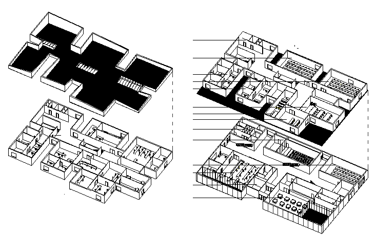 Isometric view of multi-flooring city school building dwg file