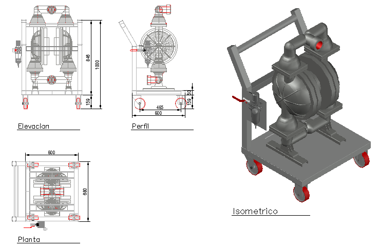 Isometric generator view with elevation section and plan dwg autocad drawing .