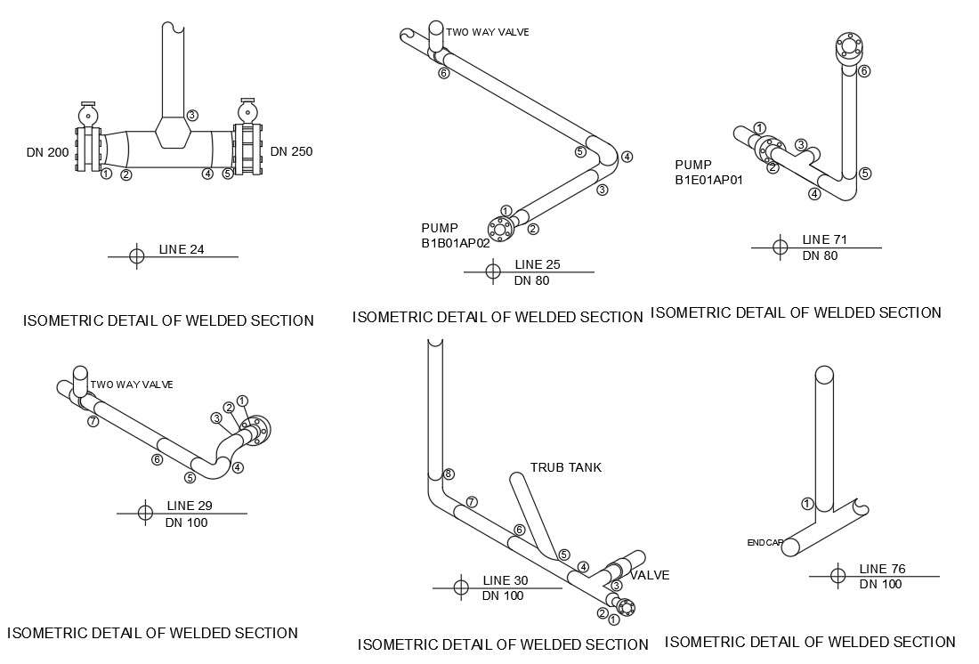 Isometric view of the  welded section detailed drawing is given in this CAD DWG file. Download the DWG Autocad file.