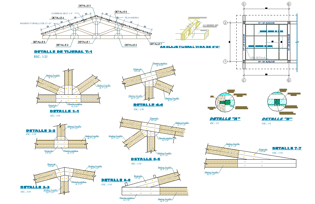 King post Section roof plan detail dwg file