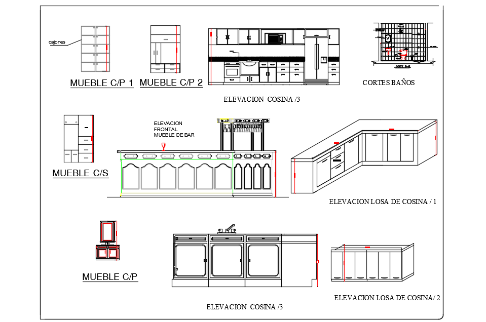 Kitchen and washing area furniture view dwg file