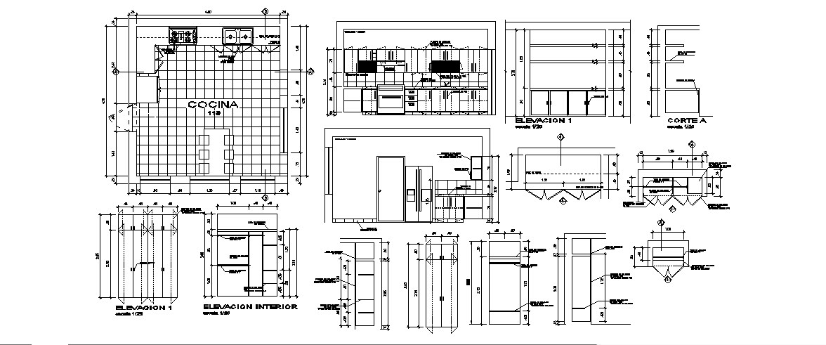 Kitchen elevation, section, plan and interior auto-cad details dwg file