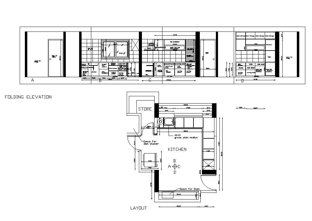 Kitchen interior elevation and plan 2d view CAD constructive block autocad file