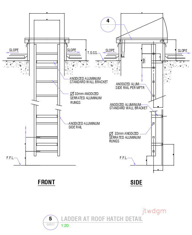 Ladder at roof hatch detail in AutoCAD 2D drawing, dwg file, CAD file