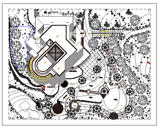 Landscaping and structure details of metropolitan public garden dwg file