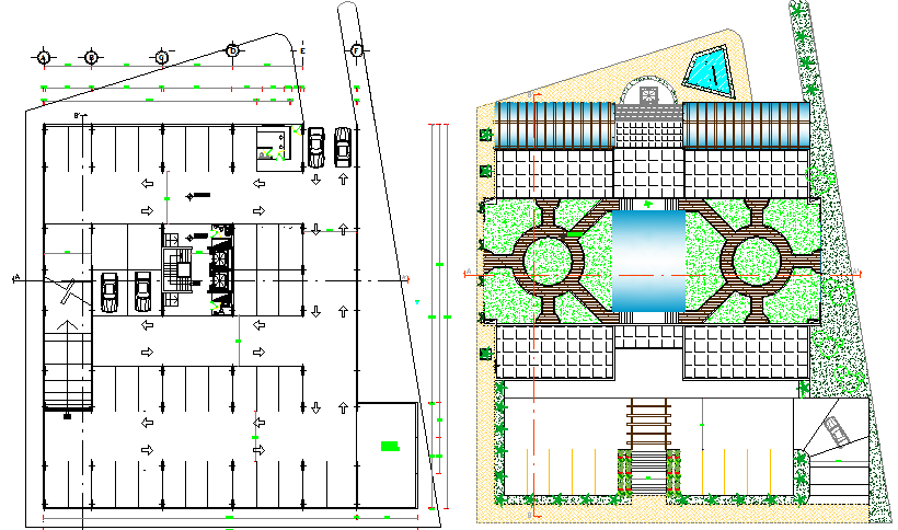 Landscaping details with ground floor of office building dwg file