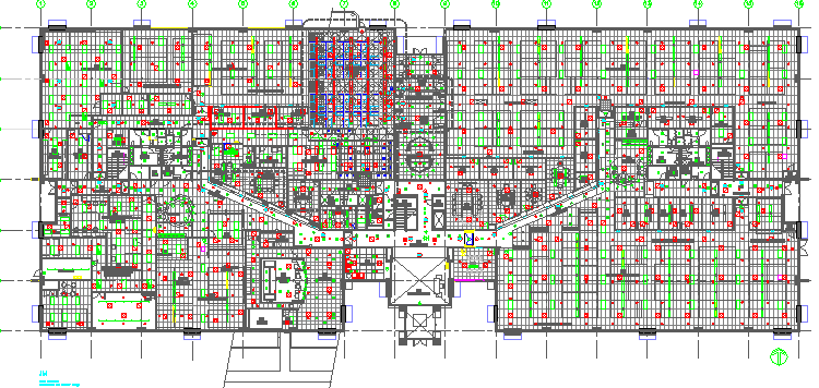 Landscaping details with structure plan of corporate building dwg file