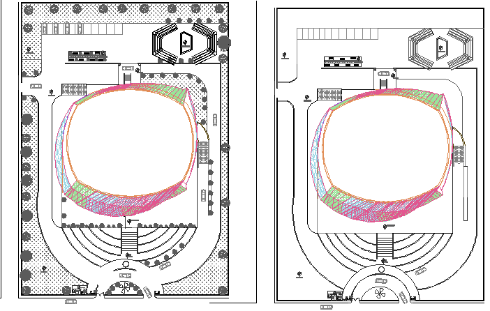 Landscaping view details of media center head office building dwg file