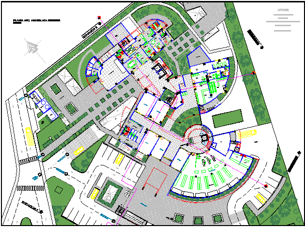 Landscaping view with structure of corporate building dwg file