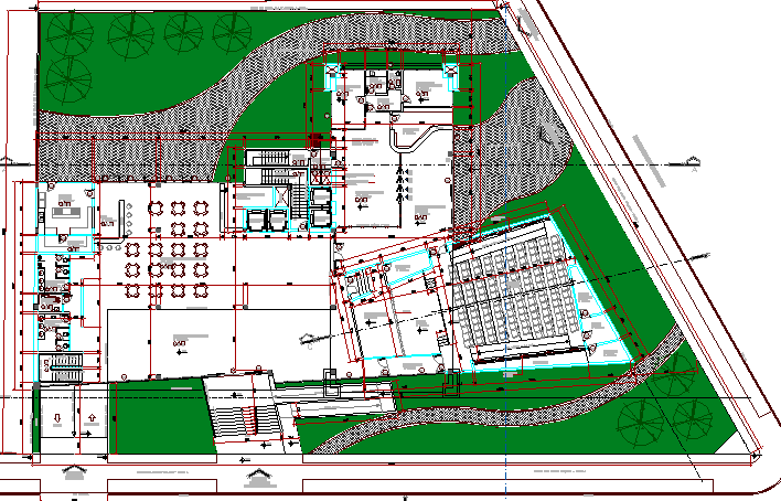 Landscaping with structure details of multi-flooring college building details dwg file