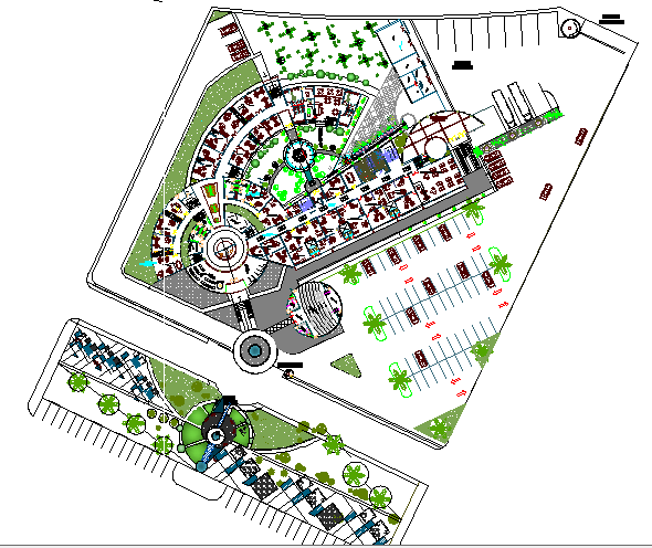 Landscaping with structure details of regional corporate office dwg file