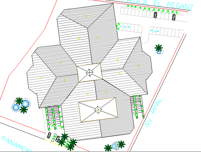 Landscaping with top view of shopping center dwg file