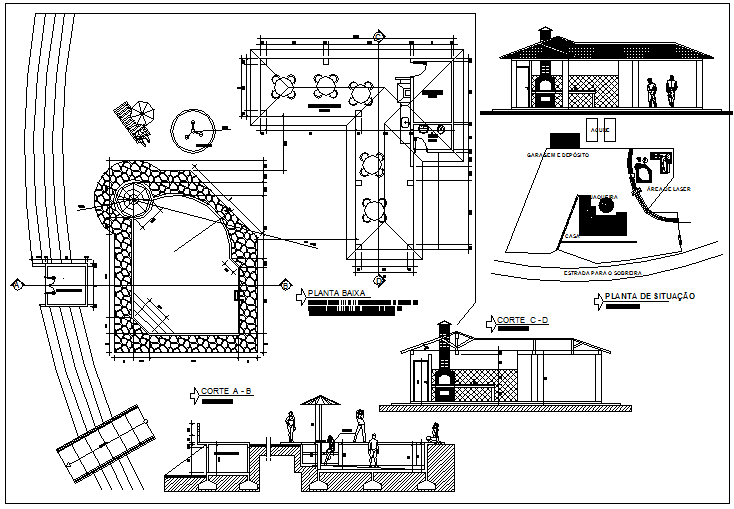 Laser area with pool and barbecue shop of garden dwg file